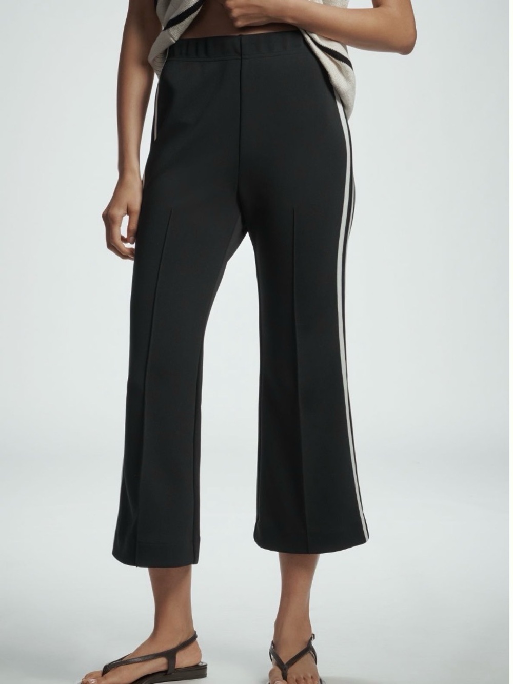 Maeve Navy Blue Flare Crop/Ankle Sporty fitted track Pants with Stripes